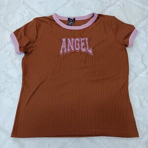 Y2K ribbed top "Angel" brown with pink trim